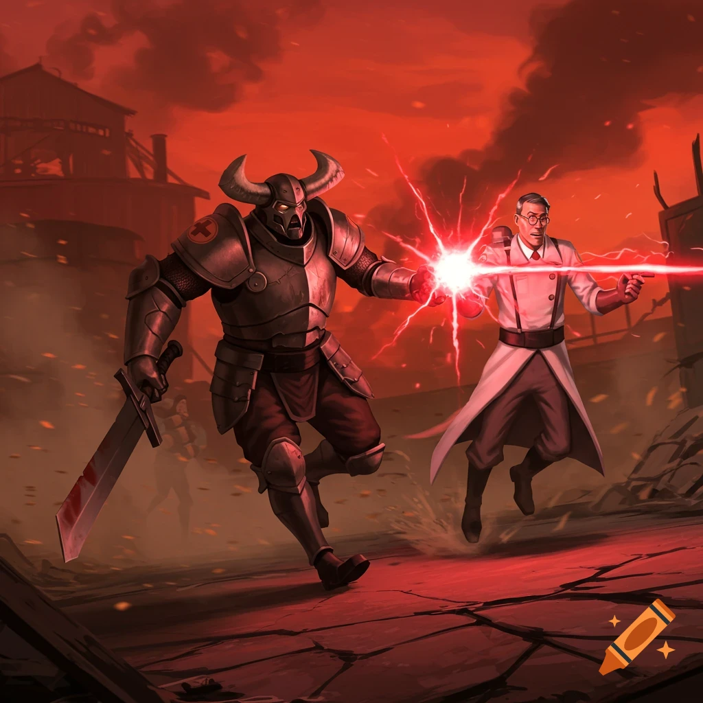 A horned knight with a bloody sword and a medic firing a red laser battle in a ruined, red-hued industrial landscape.