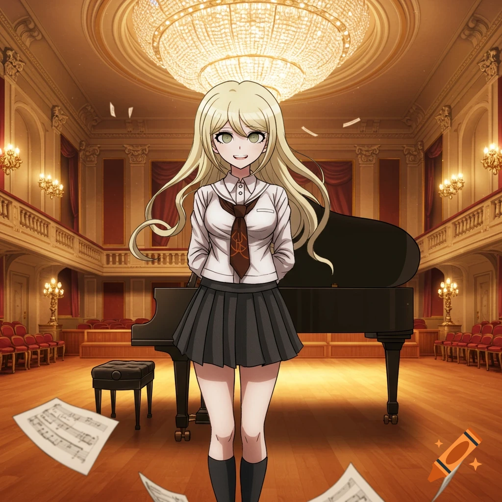 Anime girl with blonde hair in school uniform smiles in a grand concert hall with a piano and floating music sheets.