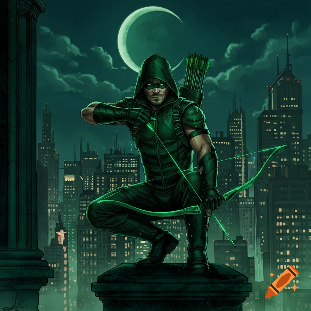 Green Arrow in a green hooded suit, drawing a glowing arrow on a dark rooftop with a city skyline and moon, comic art style.