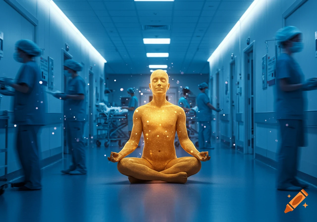 A golden, sparkling, nude figure meditates in a lotus position in a blue-lit hospital hallway with blurry staff.