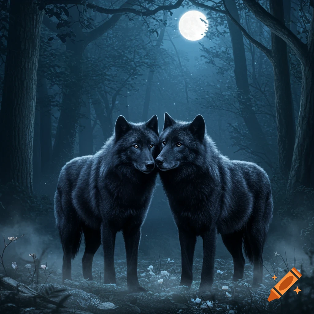 Two black wolves stand close together in a mystical, moonlit forest, looking at each other.