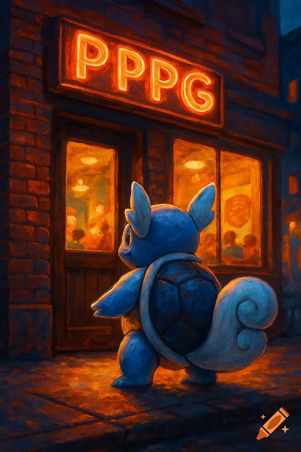 A blue Wartortle stands looking into a brightly lit pizza parlor with a 'PPPG' neon sign, in a painterly style.