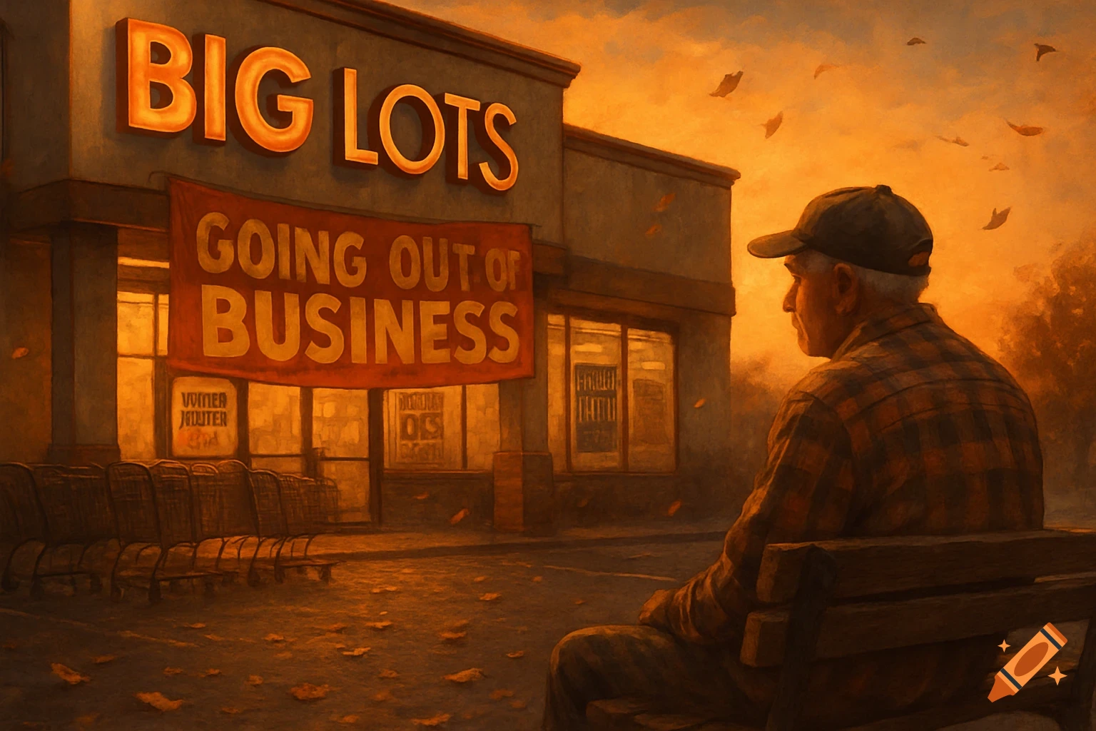 Elderly man on a bench faces a Big Lots store with a 'Going Out of Business' sign at sunset, painted with warm orange tones.