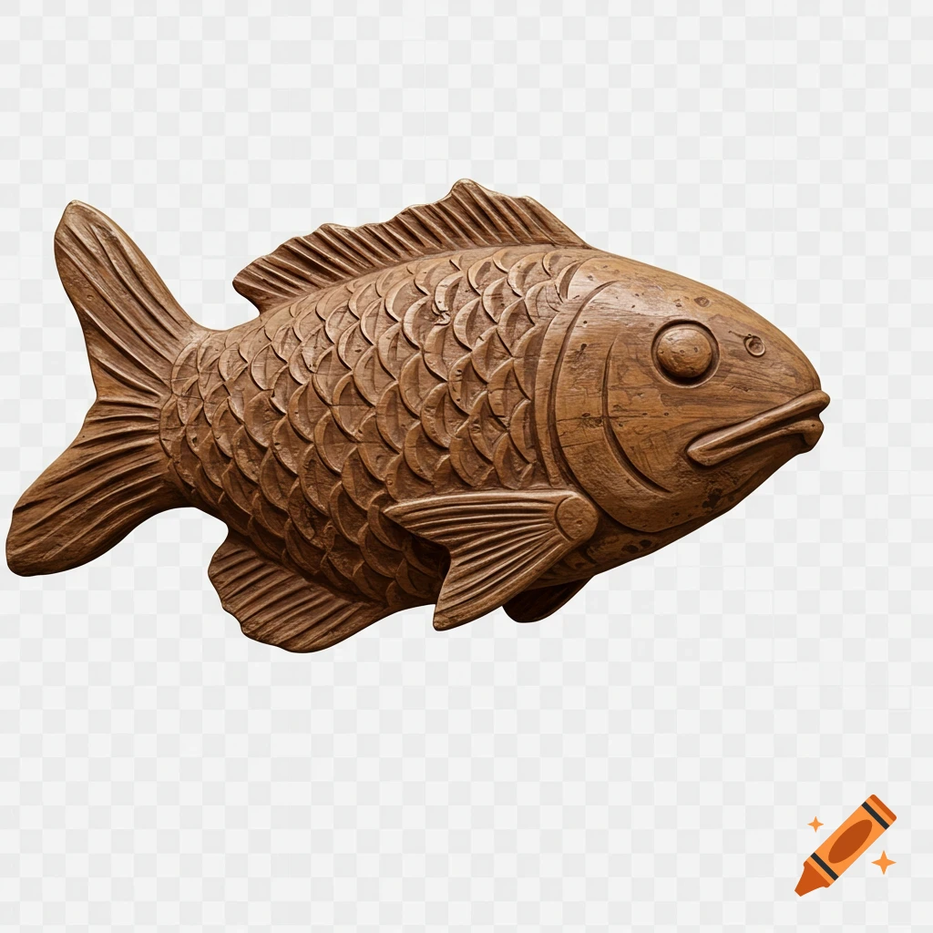 A carved wooden fish sculpture with detailed scales and fins, isolated on a transparent background.