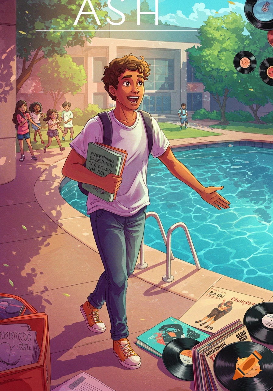 An illustrated image of a young man, Ash, with a backpack and a book, walking happily by a college pool. Other students are in the background, and vinyl records are scattered near the pool.