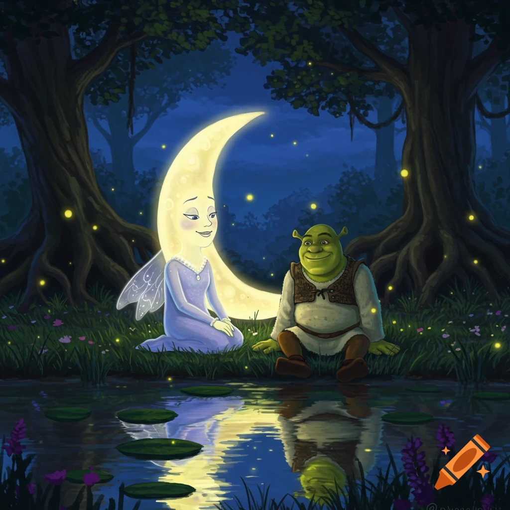 Shrek and a winged, smiling crescent moon character sit by a pond in a magical, glowing forest at night, with reflections.