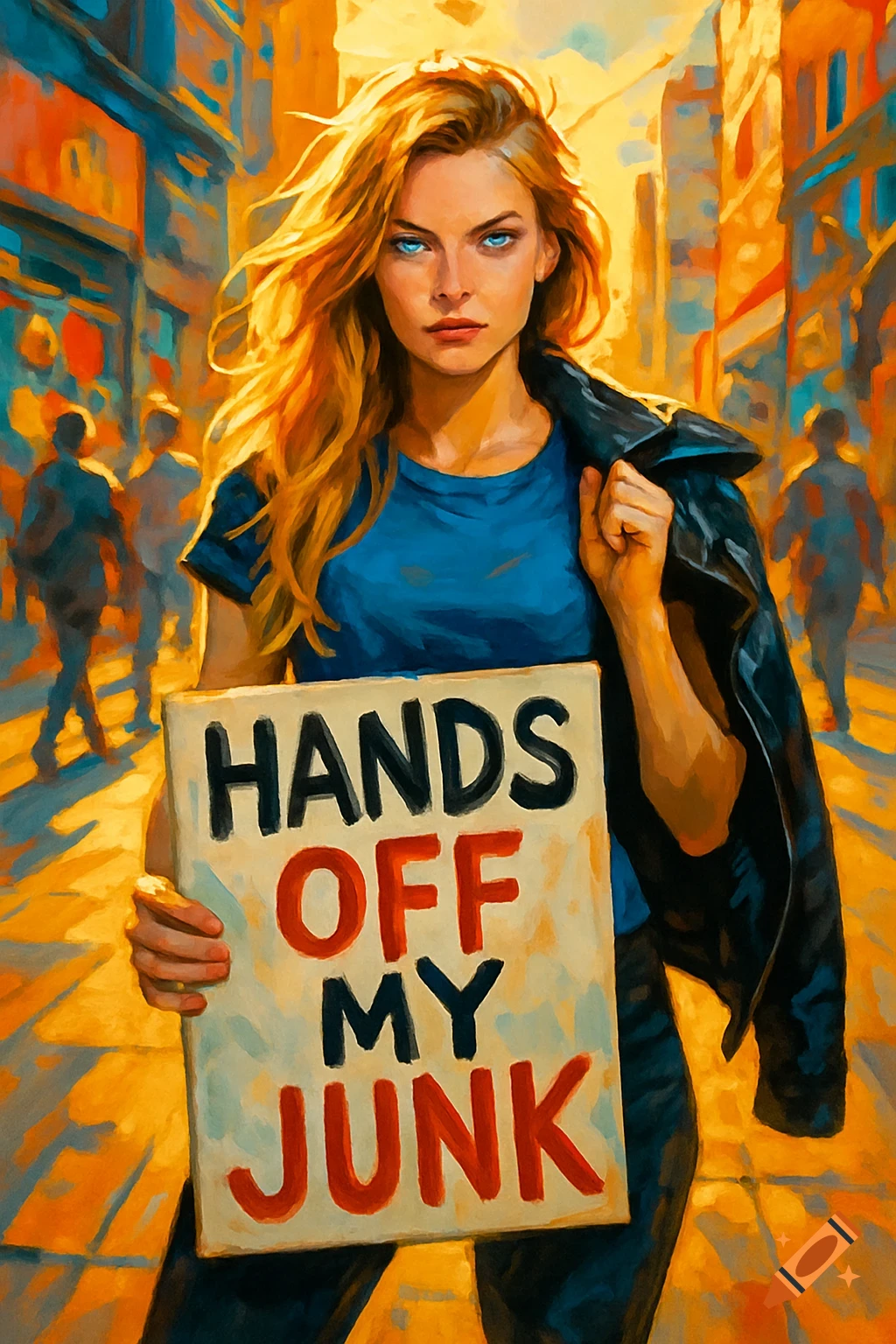 A woman with blonde hair and blue eyes in a blue shirt holds a sign saying 'HANDS OFF MY JUNK' on a sunny, painterly street.