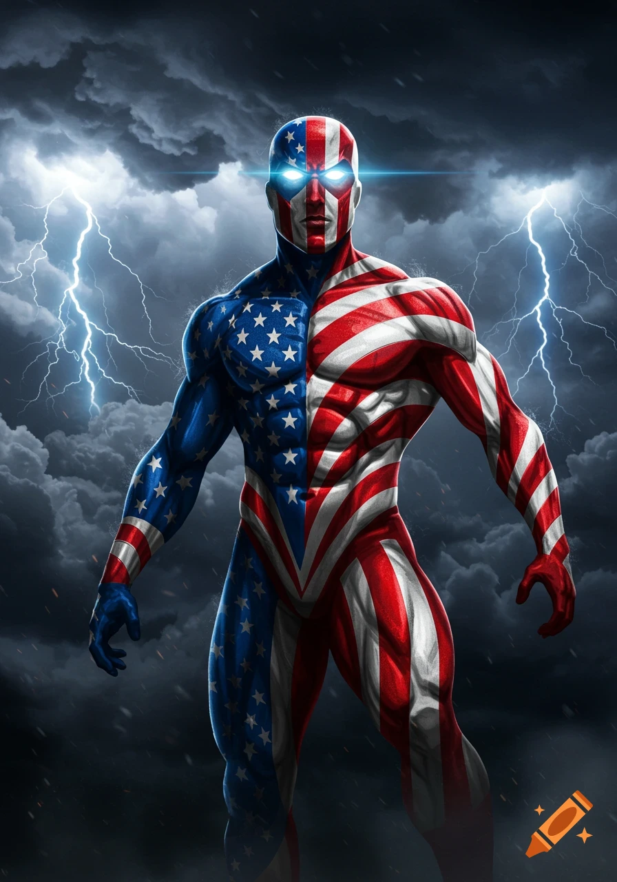 A muscular superhero in a red, white, and blue American flag costume with glowing eyes stands against a stormy sky with lightning.