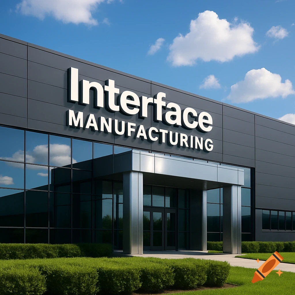 A modern corporate building with 'Interface MANUFACTURING' signage on a sunny day.
