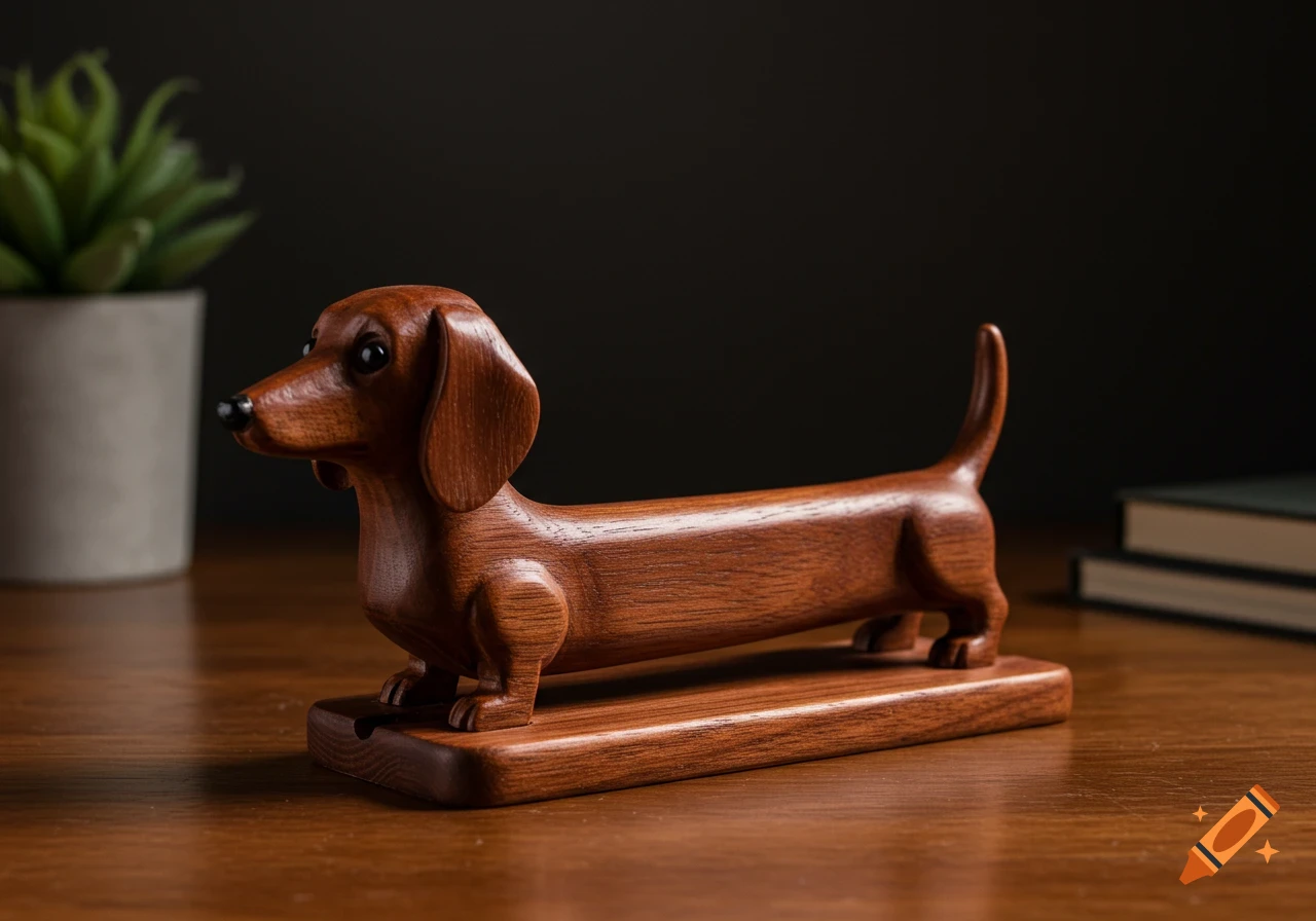 A wooden dachshund figurine phone holder on a dark wood table, with a plant and books in the soft background.