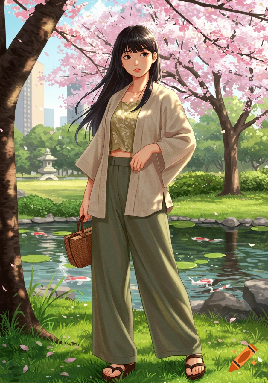 Anime-style illustration of a Japanese woman in an earth-tone summer outfit standing in a cherry blossom park with a koi pond.