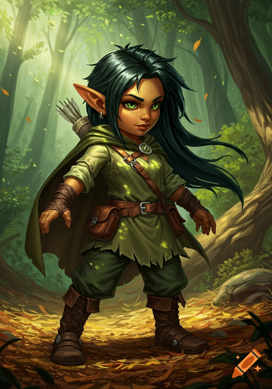 Dark-skinned female gnome ranger with dark hair and green eyes stands in a sunlit forest, wearing a green tunic, brown cape, and quiver. Digital illustration.