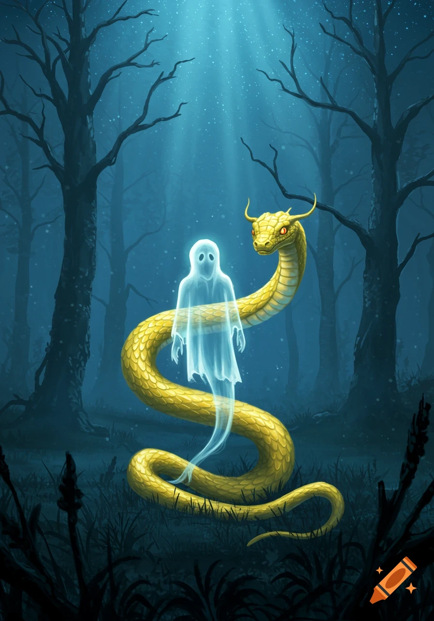A spectral ghost floats in a mystical, dark forest, next to a large golden serpent monster with horns, under a moonlit sky.