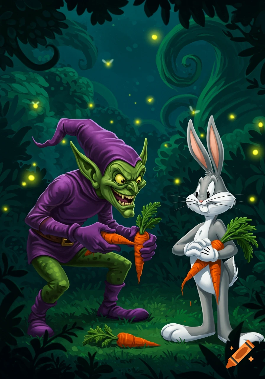 Cartoon Green Goblin offering carrots to Bugs Bunny in a dark, firefly-lit forest.