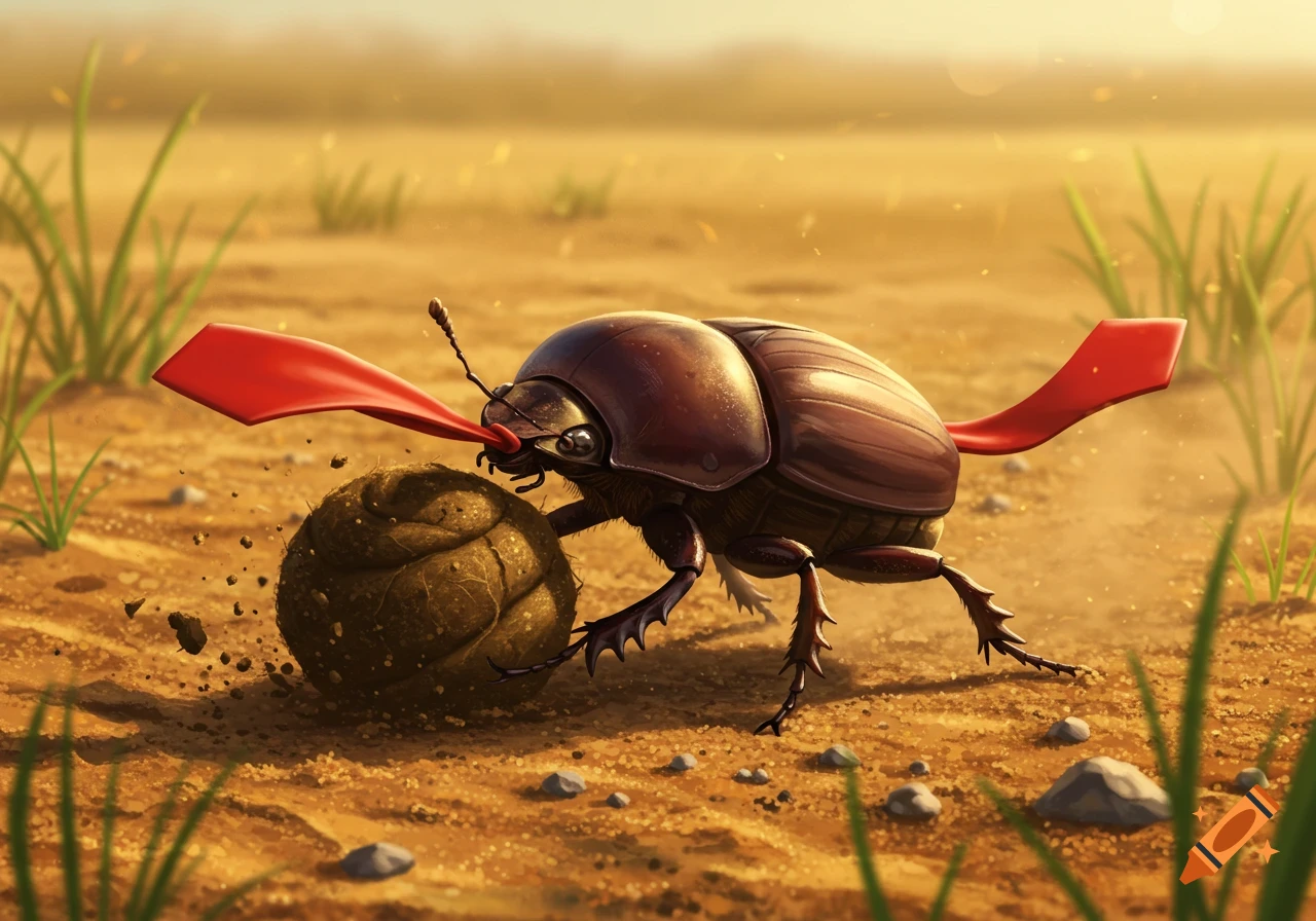 A cartoonish dung beetle with a red necktie rolls a large dung ball across a sandy, grassy field.