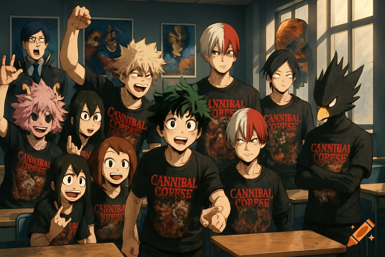 My Hero Academia Class 1-A students posing in a classroom, wearing black Cannibal Corpse t-shirts in an anime style.