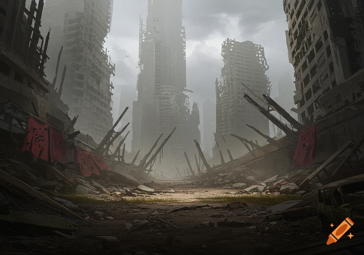 A desolate, fog-shrouded cityscape lies in ruins, with skeletal remains of skyscrapers towering over rubble-strewn streets and red banners on broken buildings, in a photorealistic digital art style.