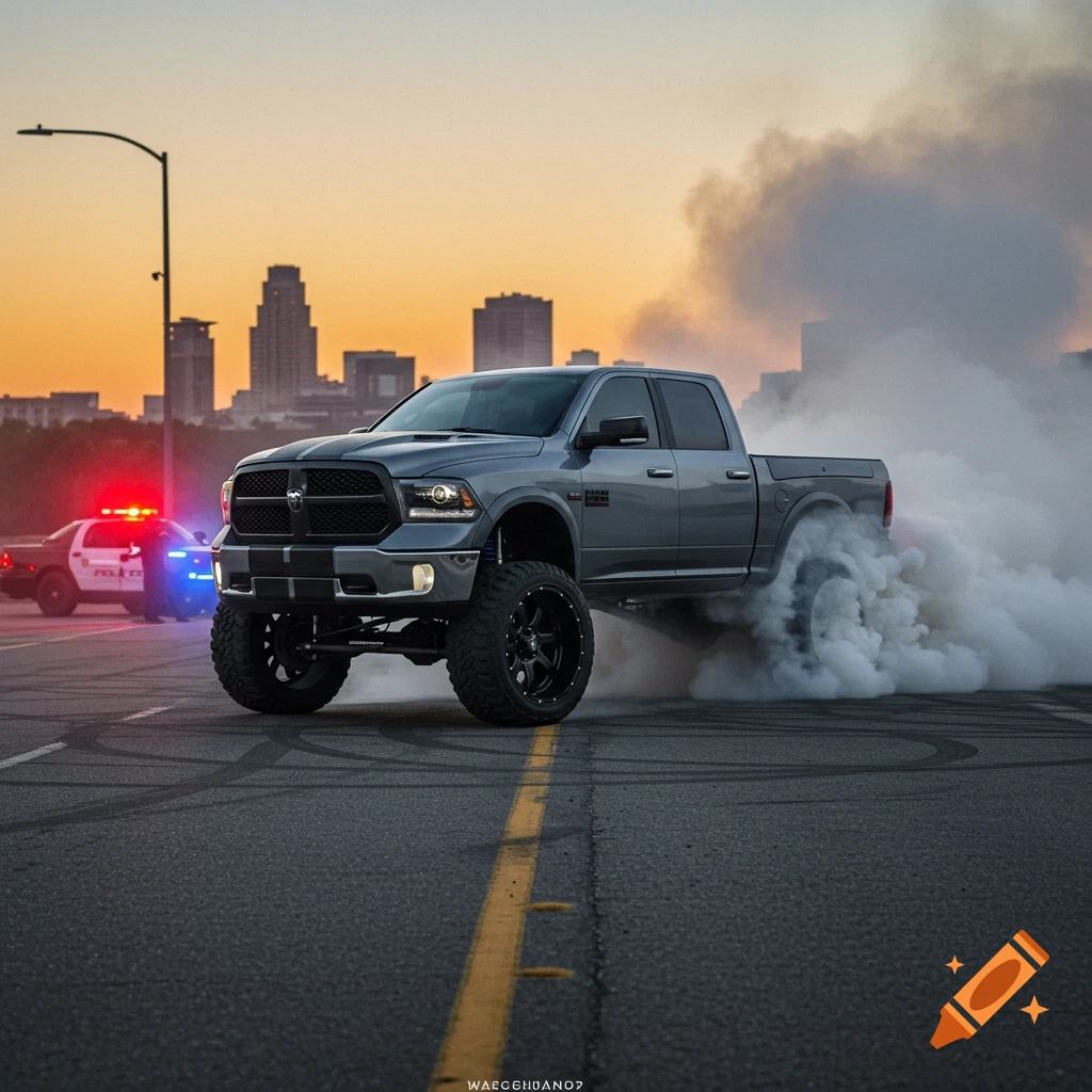 Gray lifted Dodge Ram pickup truck doing a smoky burnout in front of a police car at sunset, photorealistic.