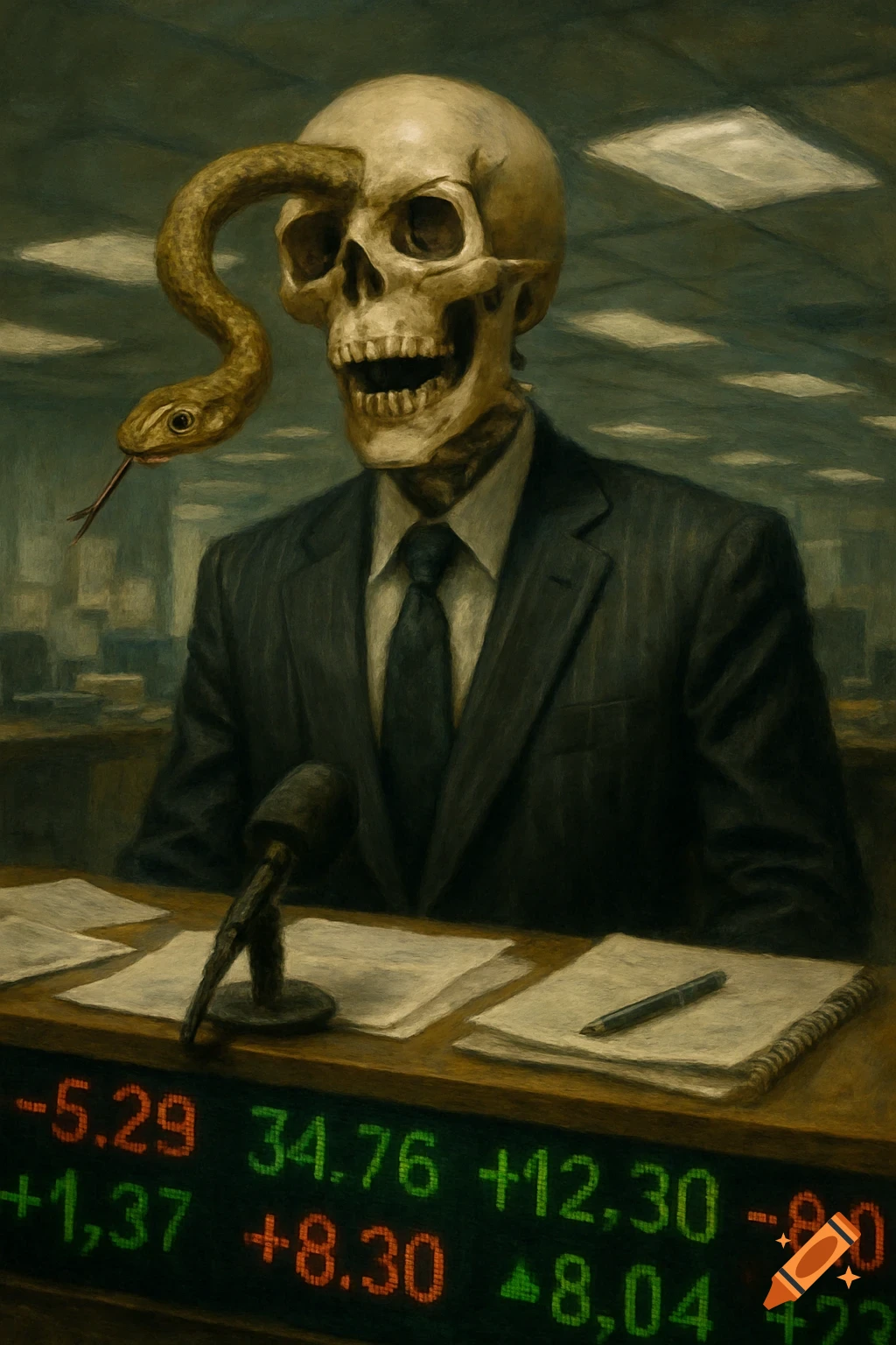 A dark, painterly image of a skeleton in a pinstripe suit with a snake crawling from its eye socket, sitting at a desk with stock prices displayed.