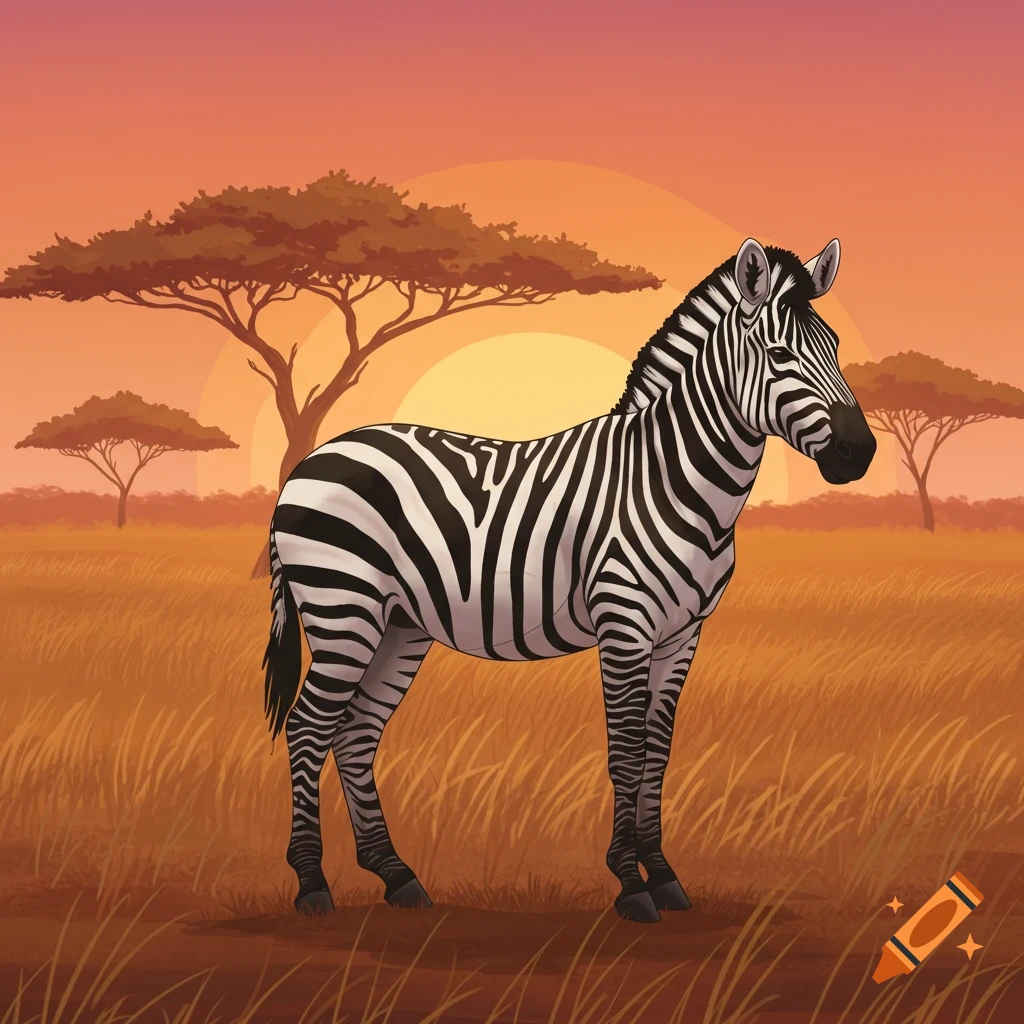 A stylized illustration of a zebra standing in a savanna at sunset, with acacia trees in the background.