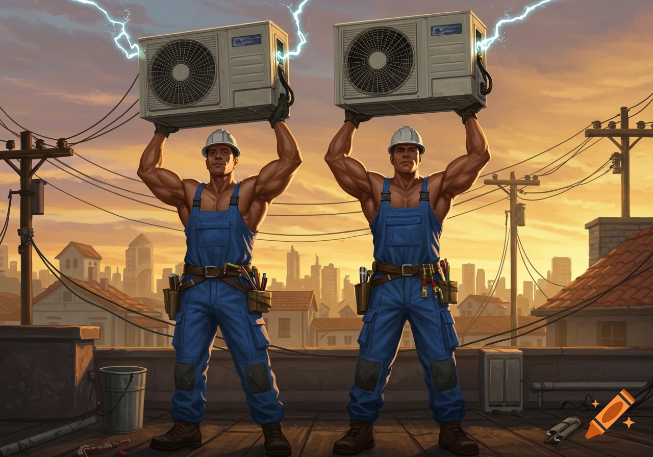 Two muscular electricians in overalls and hard hats hold sparking AC units over their heads on a city rooftop at sunset, illustration.
