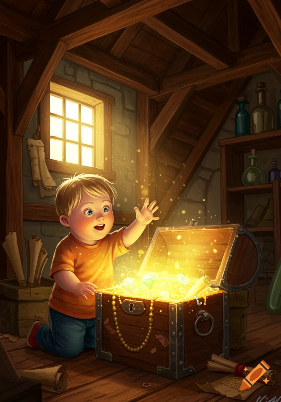 A young child with blond hair kneels in a wooden attic, reaching towards an open, glowing treasure chest filled with gold coins and jewels. Sunlight streams through a window.