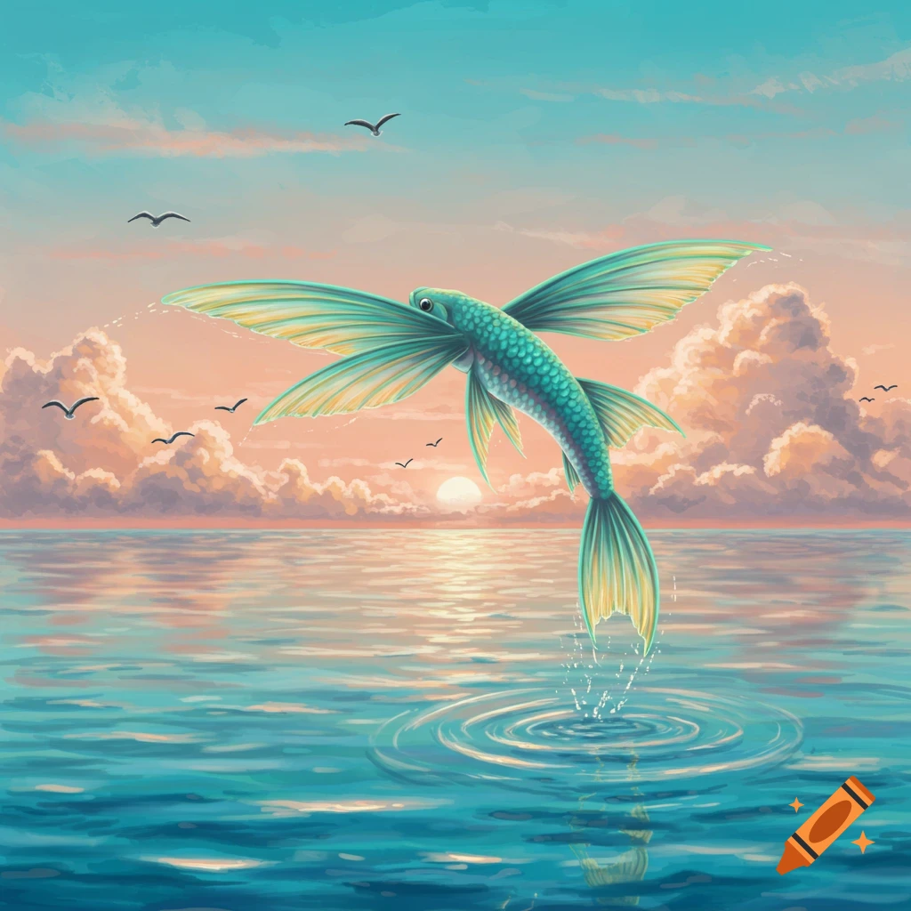 A stylized teal flying fish with large fins leaps from serene blue-green ocean water, under a pastel orange and blue sunset sky.