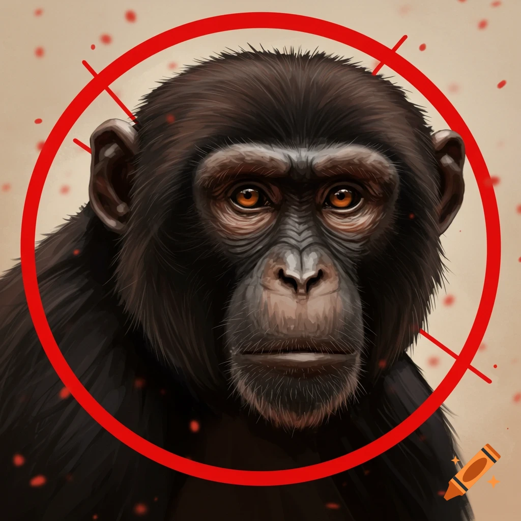 An illustrated portrait of a chimpanzee with a determined look, framed by a red circle.
