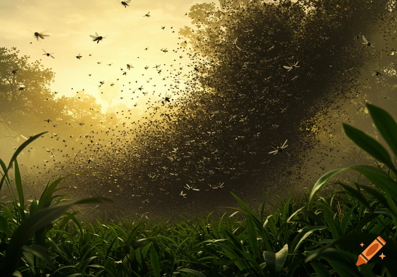 A massive swarm of gnats flies in a hazy, golden light over lush green foliage, with trees in the background.