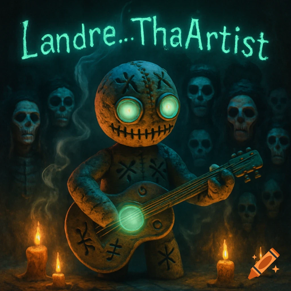 A dark claymation-style album cover features a voodoo doll with glowing eyes playing an illuminated guitar, surrounded by candles and shadowy skulls. Text reads 'Landre...ThaArtist'.