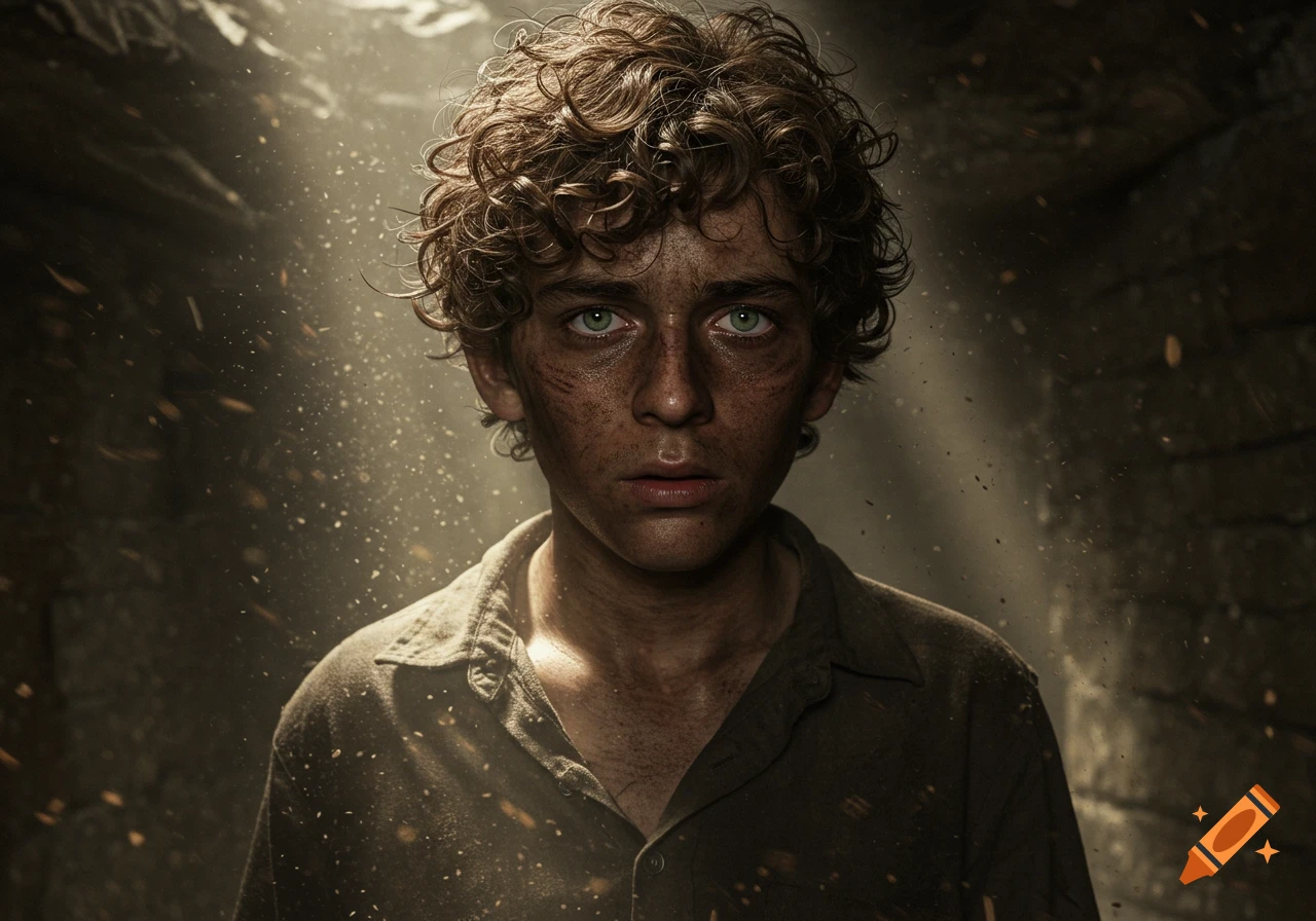 Close-up photorealistic portrait of a young boy with curly brown hair and green eyes, his face smudged with dirt, with dust particles in the air.