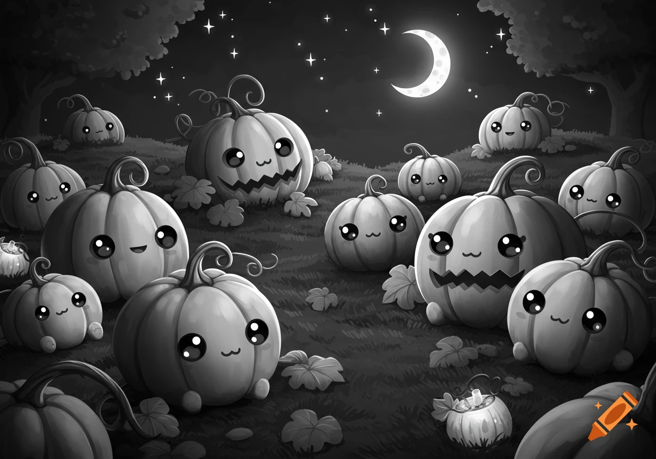 Black and white kawaii illustration of a pumpkin patch at night under a crescent moon, with cute-faced pumpkins and fallen leaves.