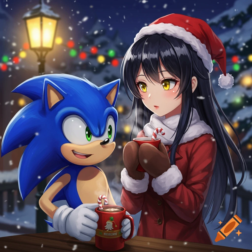 Sonic and an anime girl in winter clothes drink hot chocolate with candy canes on a snowy Christmas night.