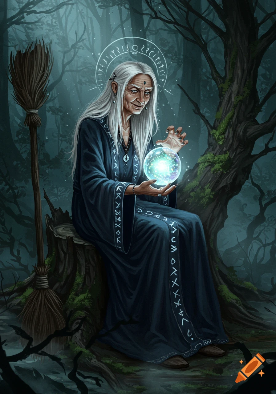 A gray-haired old witch in a dark robe adorned with runes sits on a tree stump in a misty forest, holding a glowing crystal ball.