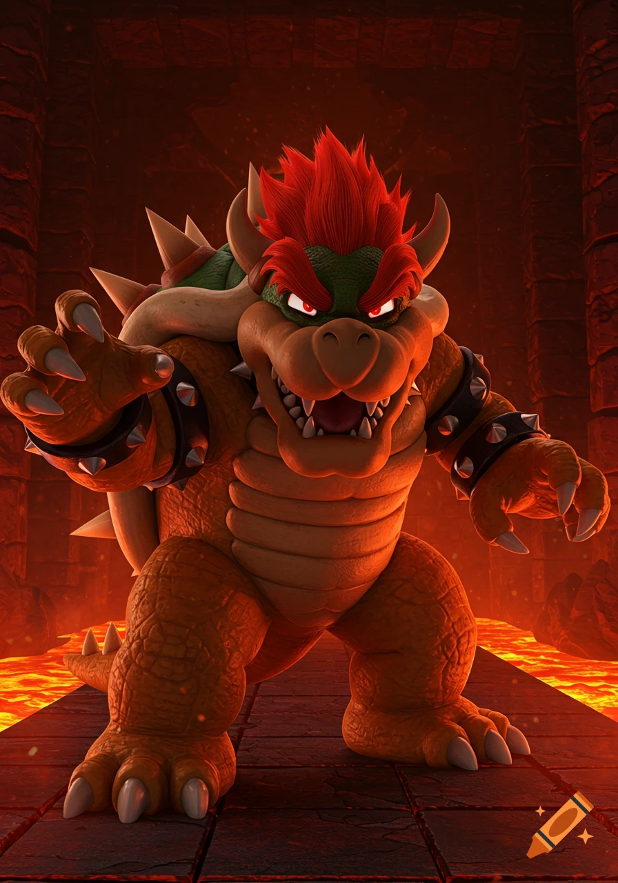 Detailed render of Bowser with red hair, green skin, and a spiky shell, standing in a lava-filled dungeon with glowing lava.