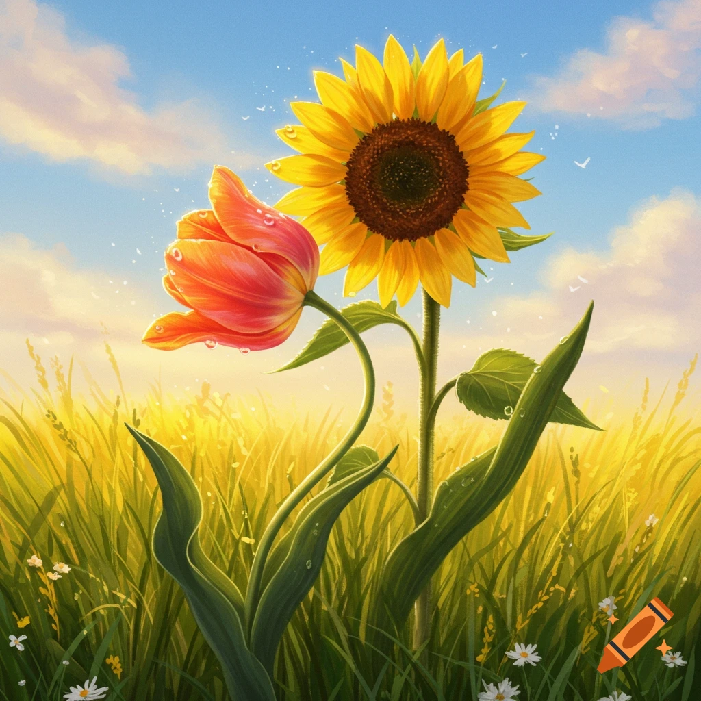 Stylized illustration of a red-orange tulip curving around a yellow sunflower in a sunny meadow with water droplets.