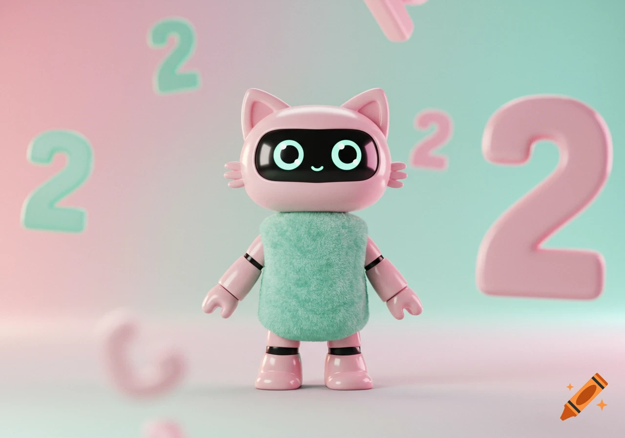 A cute pink cat-like robot with a fuzzy green body stands amidst floating pink and green number '2's in a 3D rendering.