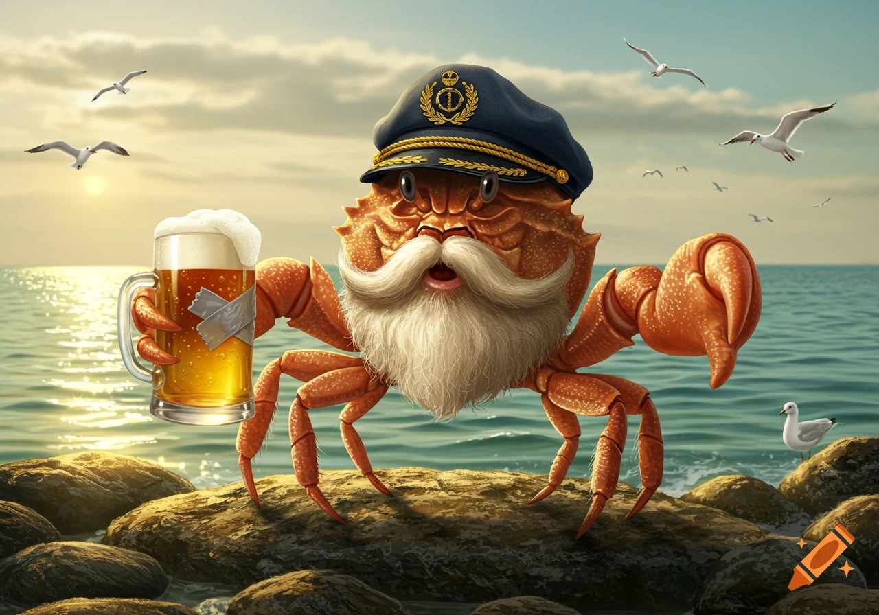 An anthropomorphic crab with a white beard and captain's hat stands on rocks by the ocean, holding a foamy beer mug with duct tape around its claws. Seagulls fly in the background during sunset.