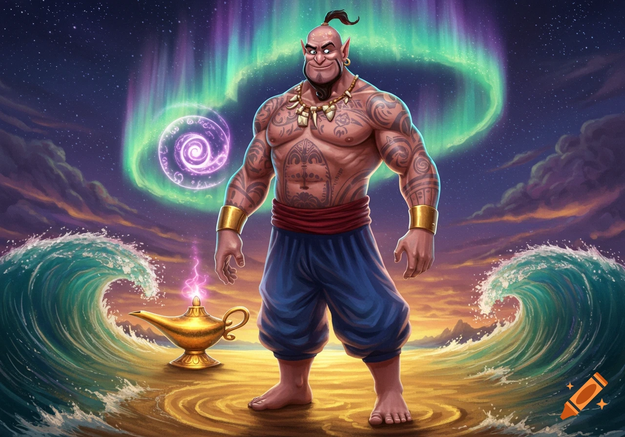 A muscular, tattooed genie-like man stands on a beach with crashing waves and a glowing lamp, under an aurora-lit night sky.