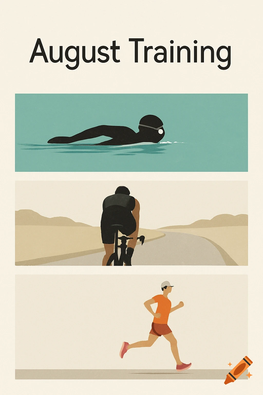 Minimalist illustration depicting a swimming, cycling, and running athlete, with the title 'August Training' above.