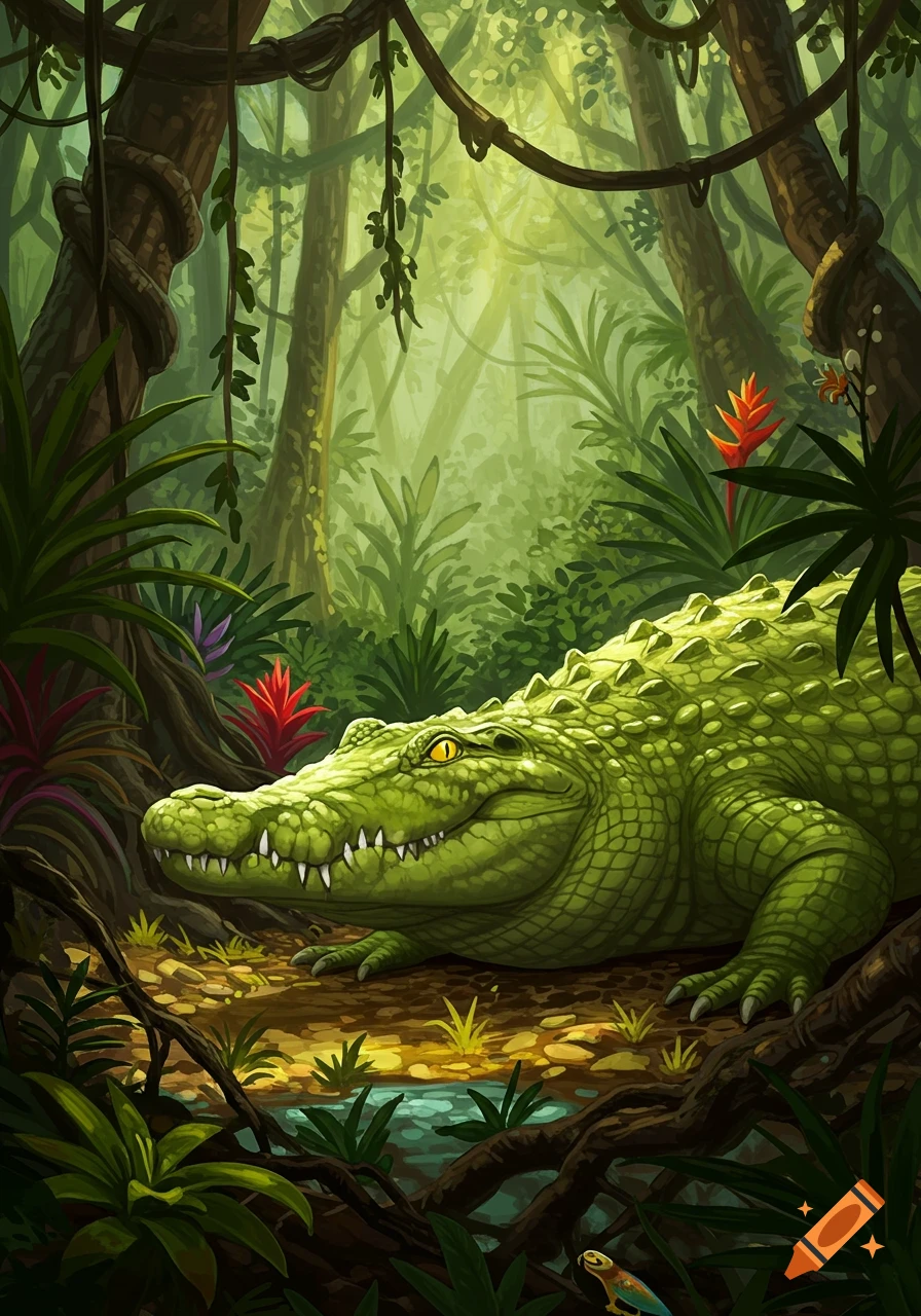 A stylized illustration of a green crocodile with yellow eyes smiling in a lush, sun-dappled jungle.