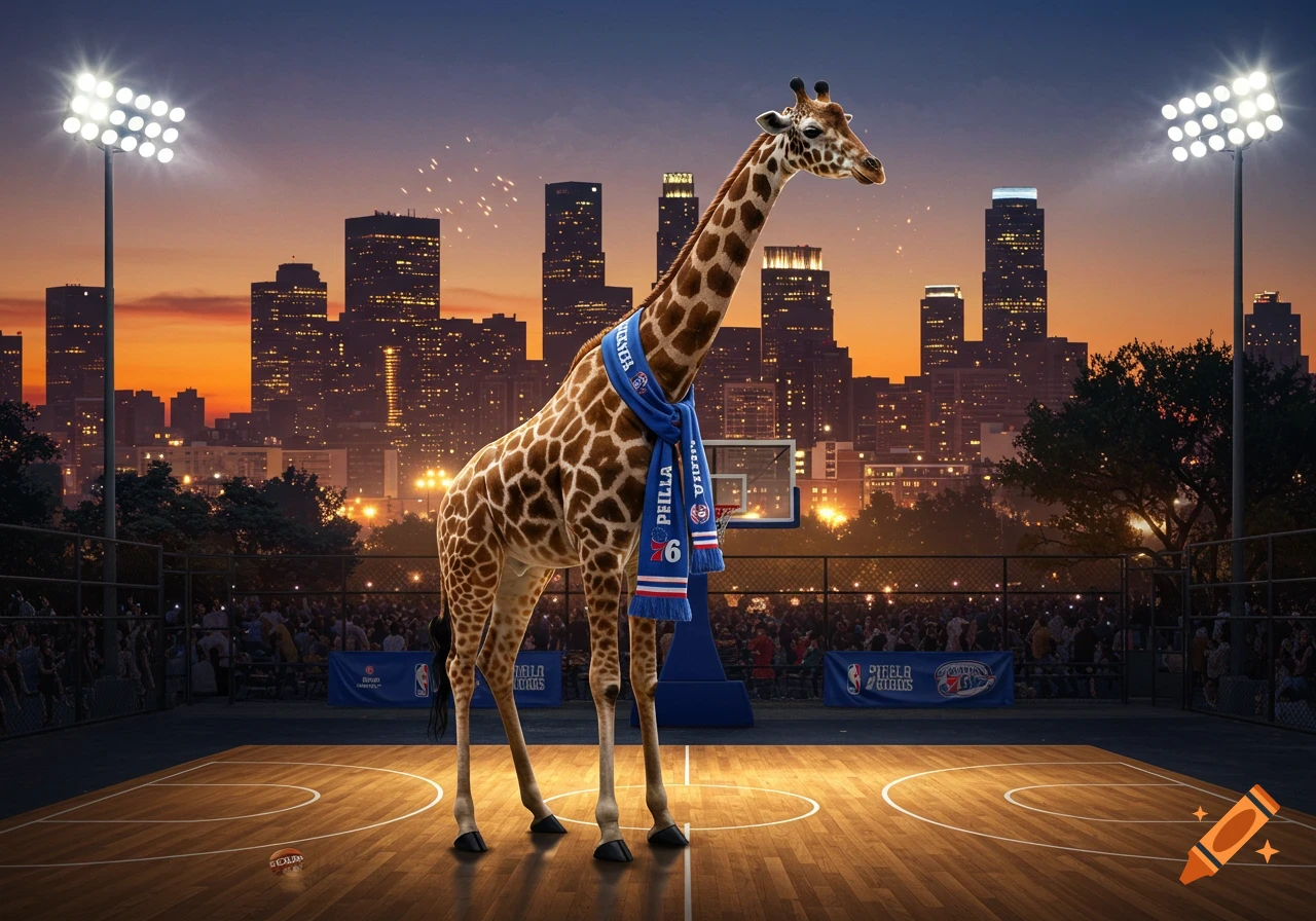 A photorealistic giraffe wearing a blue and red "PHELLA 76" scarf stands on a basketball court with a city skyline at sunset. NBA banners are in the background.