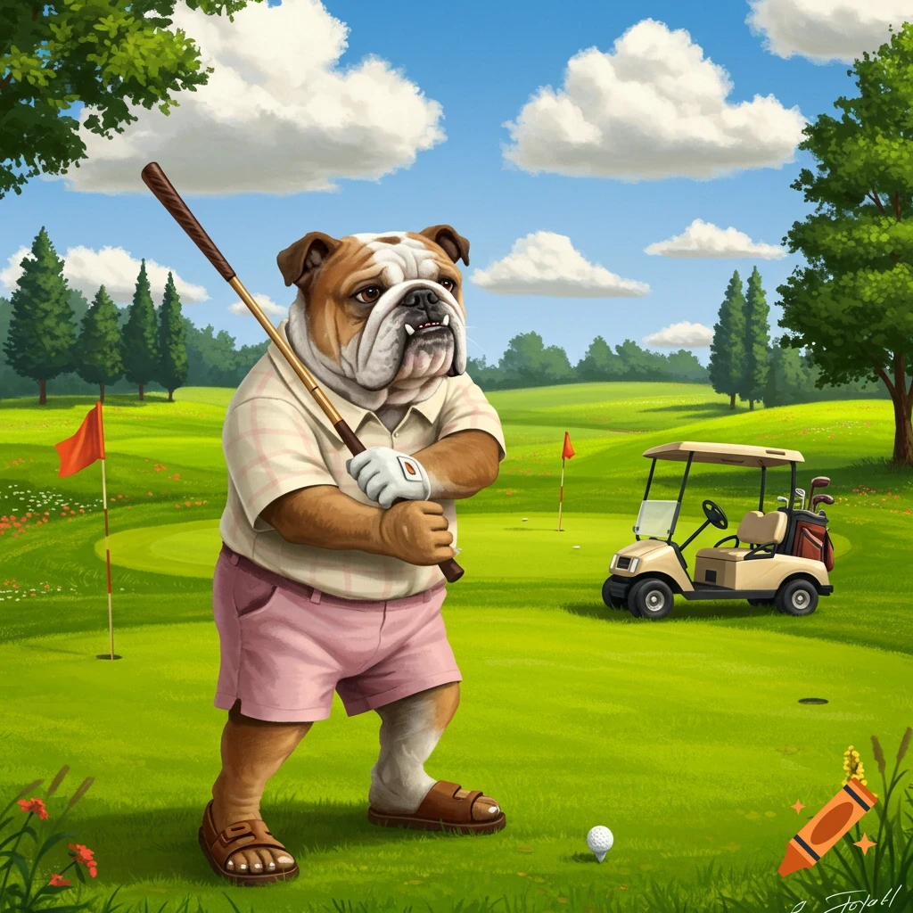 An illustrated English bulldog in a plaid shirt, pink shorts, and sandals holds a golf club on a sunny golf course with a golf cart.