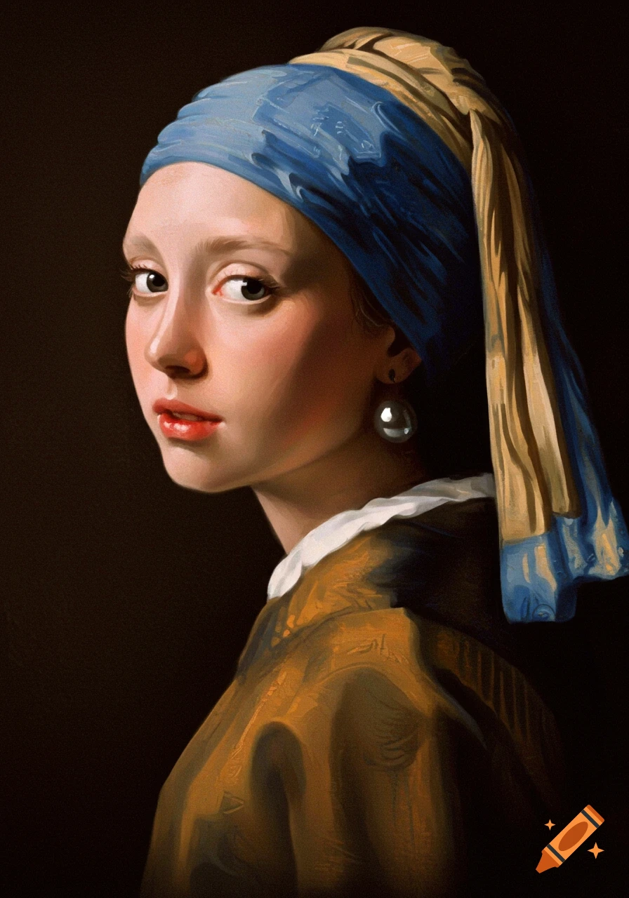 A realistic painting of a young woman in Dutch Golden Age style, wearing a blue headscarf and a pearl earring, looking over her shoulder.