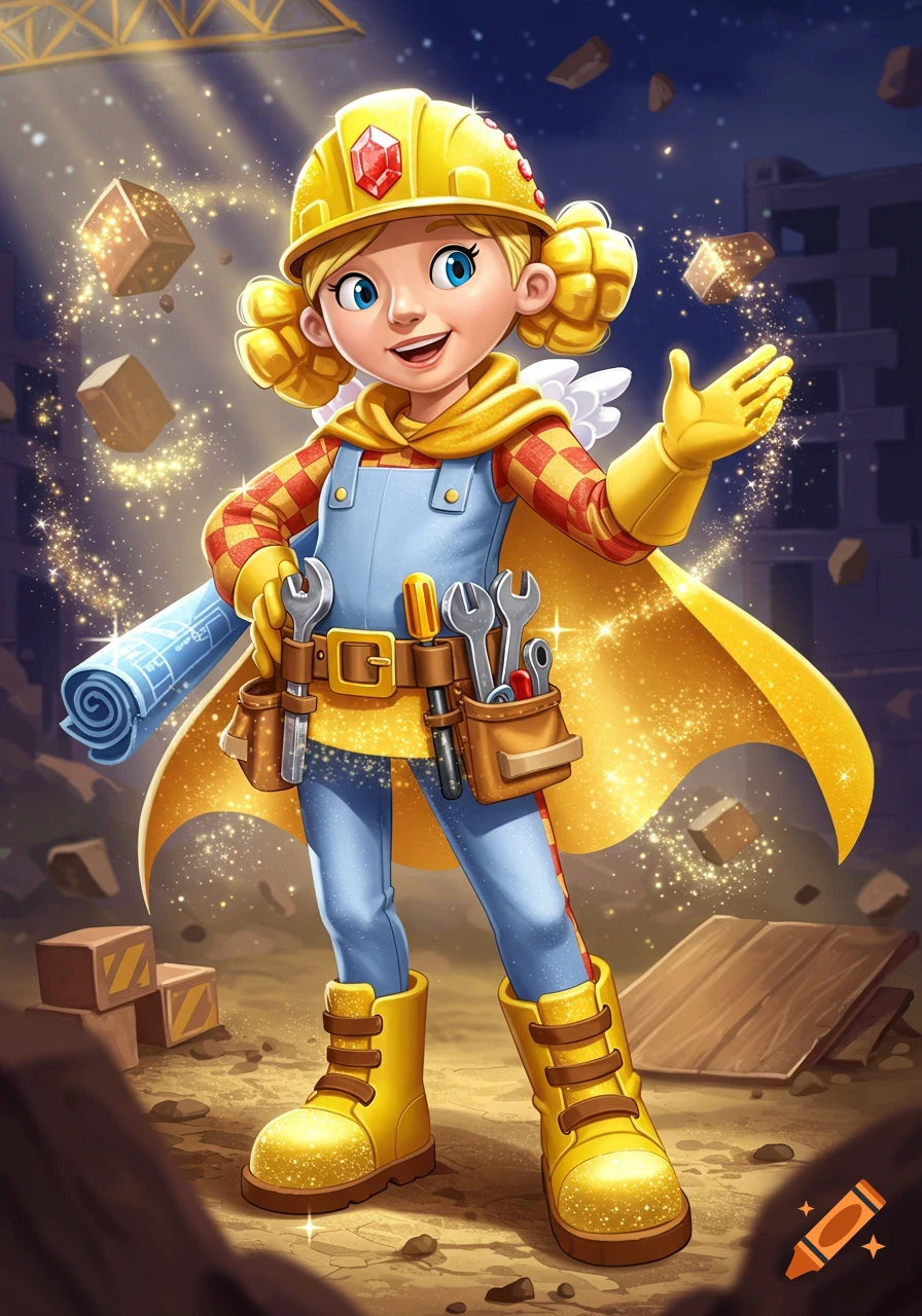 A vibrant cartoon of a smiling blonde girl dressed as a construction worker with a golden cape and hard hat, surrounded by magic sparkles and floating blocks at a construction site.