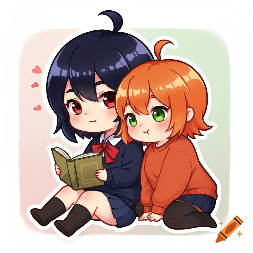 Two chibi-style anime girls, one with dark hair reading a book, the other with orange hair leaning on her.