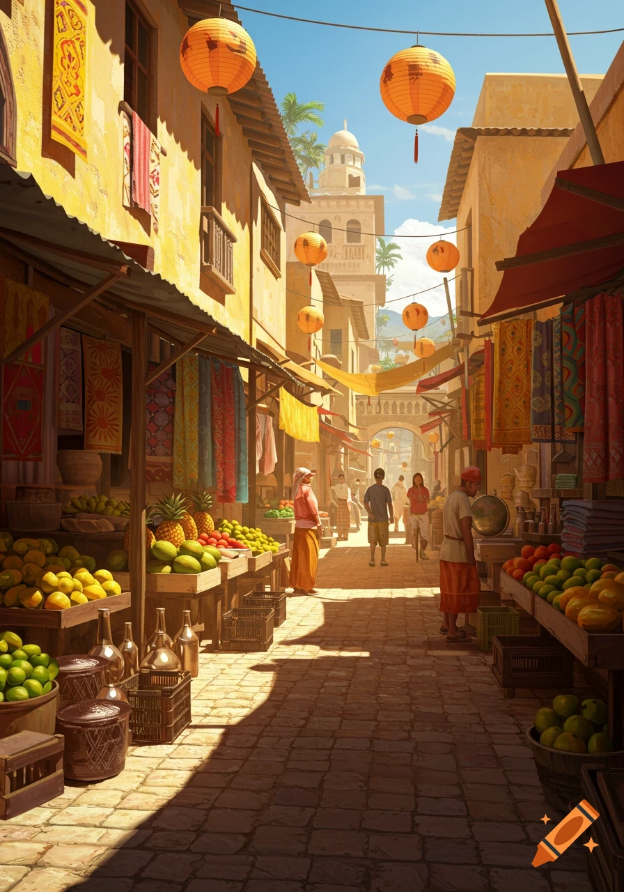 A vibrant market street lined with stalls of fruit and fabrics, with people walking and lanterns hanging overhead under a sunny sky.