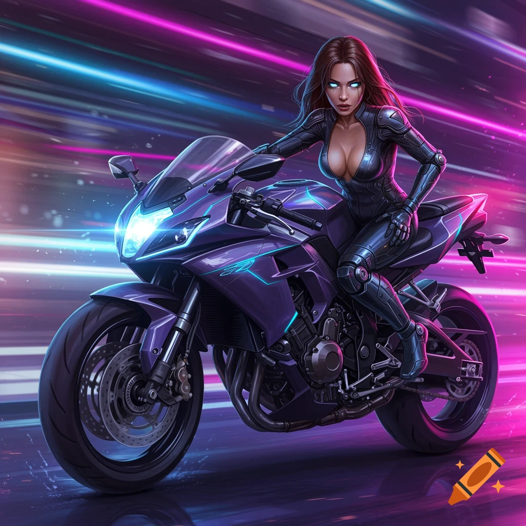 A striking digital illustration of a woman in a black futuristic suit riding a purple motorcycle against a neon-streaked background.