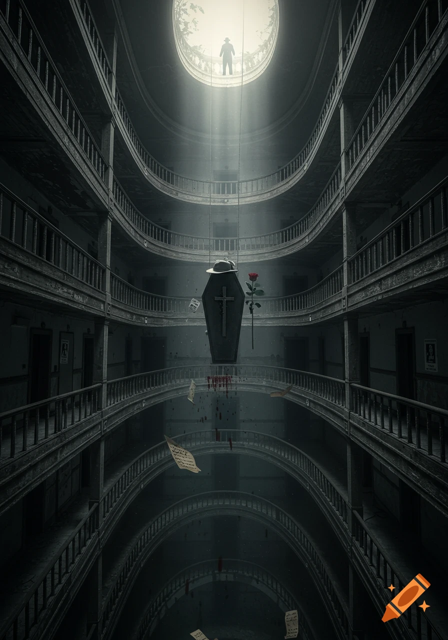 Dark, cinematic image of a floating coffin with a fedora and a rose, centered in a dilapidated, multi-story abandoned building atrium with dripping blood. A silhouetted figure is visible in a skylight above.