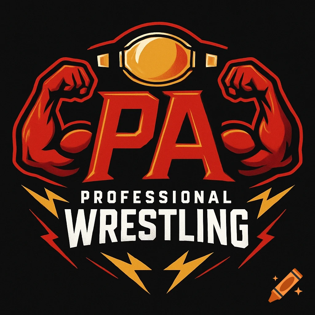 A stylized logo for PA Professional Wrestling, featuring a championship belt, flexing red arms, and bold white and red text on a black background.